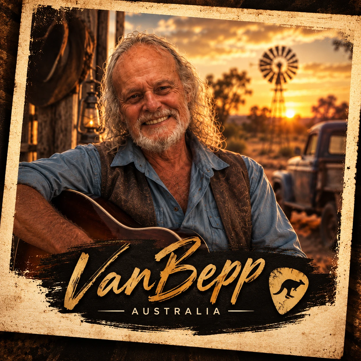 VanBepp with a guitar at sunset in Australia