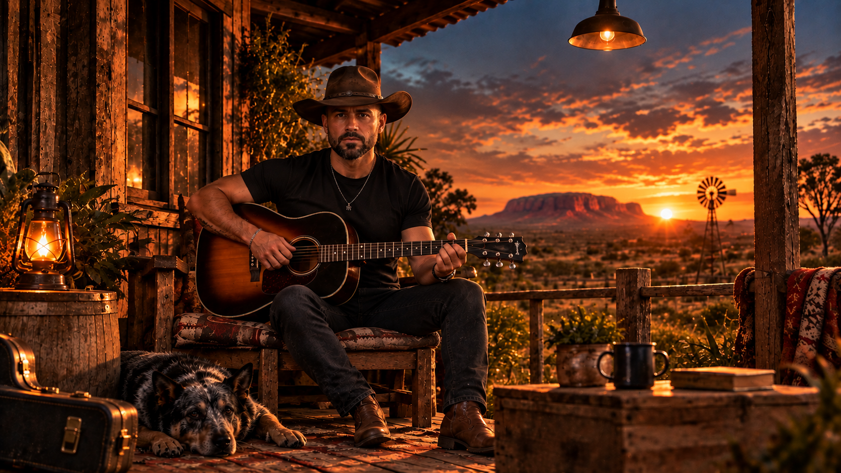Arton Grey playing guitar on an outback veranda at sunset, his dog asleep at his feet